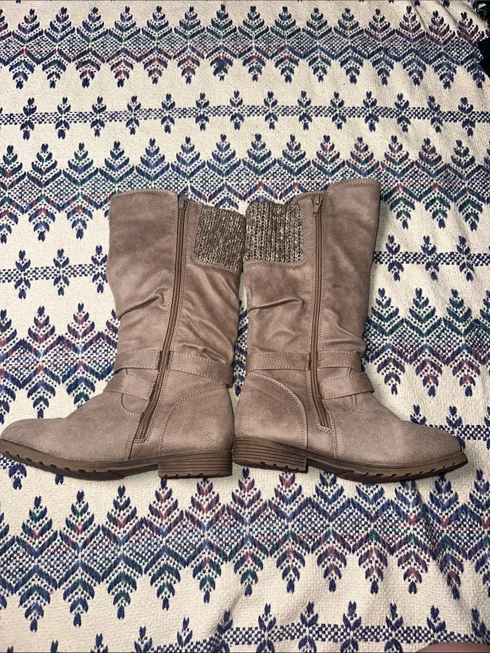 Kids Taupe Mid-Calf Knit-Cuff Buckle Boots
